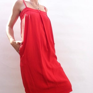 Pierre Cardin | Red Vintage Dress | 1970s | Pleated Bustier Dress | Sleeveless | Mid Length | Made in France | Size S