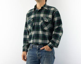 Vintage Pendleton Wool Flannel Shirt 1990s | Blue Green Plaid | USA | M
