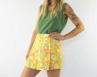 Vintage Floral Mini Skort 1970s | Psychedelic Mod Shorts Skirt | Retro | France | M