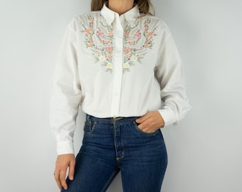 Blusa vintage de encaje de algodón, década de 1980, con bordado floral blanco, cuello camisero, Francia, talla L
