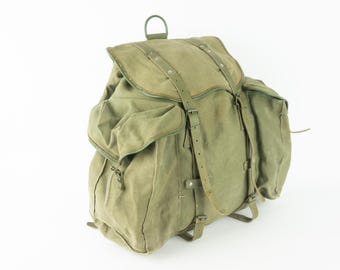 Vintage Lafuma Hiking Backpack 1960s | Khaki Canvas Leather French