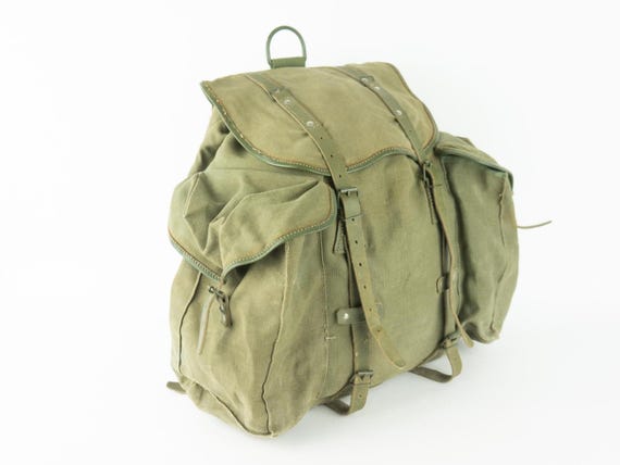 Vintage Lafuma Hiking Backpack 1960s | Khaki Canvas Leather French