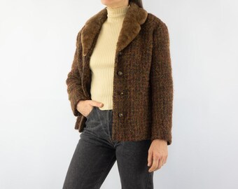 Vintage Tweed Blazer 1960s | Brown French Chanel Style Wool Jacket, Fur Collar | M