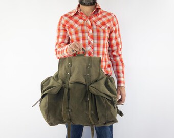 Vintage Lafuma Hiking Backpack 1960s | Khaki Canvas Leather French