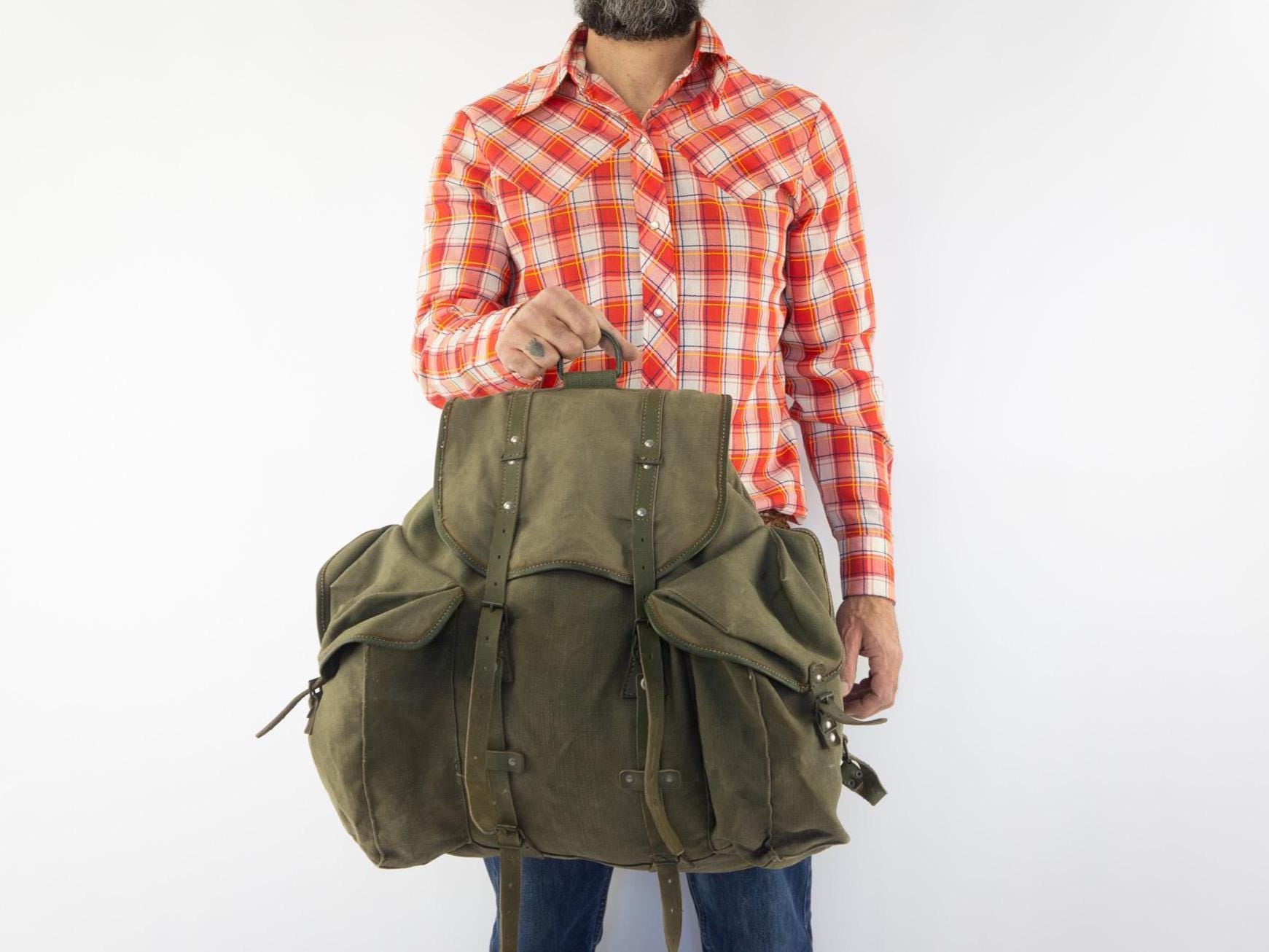 Vintage Lafuma Hiking Backpack 1960s | Khaki Canvas Leather French