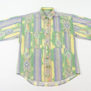 Vintage Print Shirt 1980s | Abstract Crazy Pattern in Pastel Colors | Short Sleeve Loose Fit Oversize | Cotton Button Up | Size XL