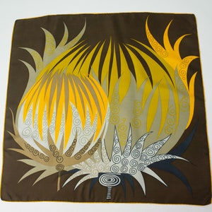 Vintage 1970s Silk Scarf | Floral Thistle Print | Brown Mustard Yellow | Square Scarf | French Retro Accessory | Made in France | 30&quot;