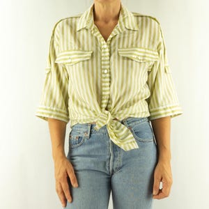 Vintage Striped Blouse 1980s | White Shirt with Pale Yellow Stripes | Mid-Length Sleeves with Tabs | Loose Boxy Fit | Size M