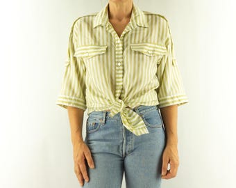 Vintage Blouse 1980s | White Shirt Yellow Stripes | Mid-Length Sleeves with Tabs | Loose | France | M