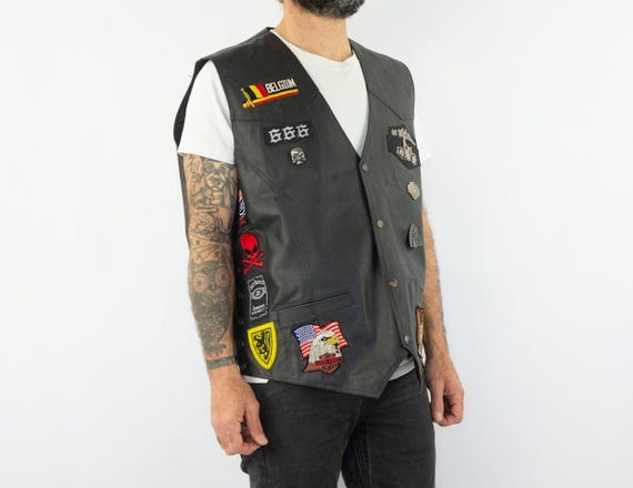 Vintage Biker Vest 1990s | Black Leather Sleeveless Jacket