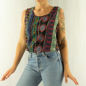Vintage Sleeveless Top 1990s | Tribal Geometric Ethnic Print Red Blue Green | Y2K Boho Festival Style | Loose Fit Summer Top | Size M