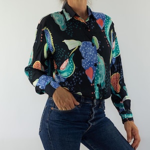 Vintage Print Shirt 1980s | Blue Multicolor Abstract Pattern | Novelty Oversize Blouse | Long Sleeve Shirt | Retro Statement Top | Size M