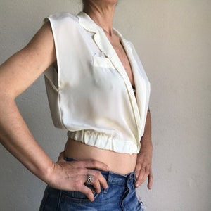 Short Vintage Top 1980s Shiny Ivory Blouse Crossed Blouse Sleeveless French Vintage Crop Top Made in France Size S image 2