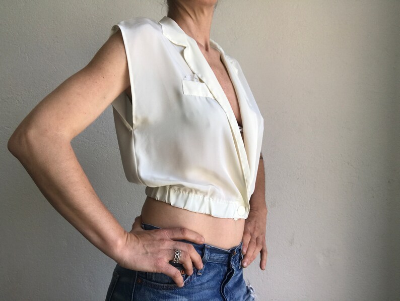 Short Vintage Top 1980s Shiny Ivory Blouse Crossed Blouse Sleeveless French Vintage Crop Top Made in France Size S image 2