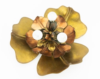 Vintage Flower Light 1970s | Gold Brass & Copper 3-Light Wall Ceiling Lamp | French Hollywood Regency