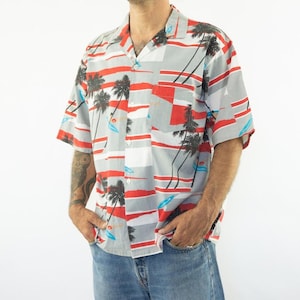 Vintage Hawaiihemd 1980er Jahre | Grau rotes Palmen-Brandung-Muster | Strand-Shirt | USA | XL