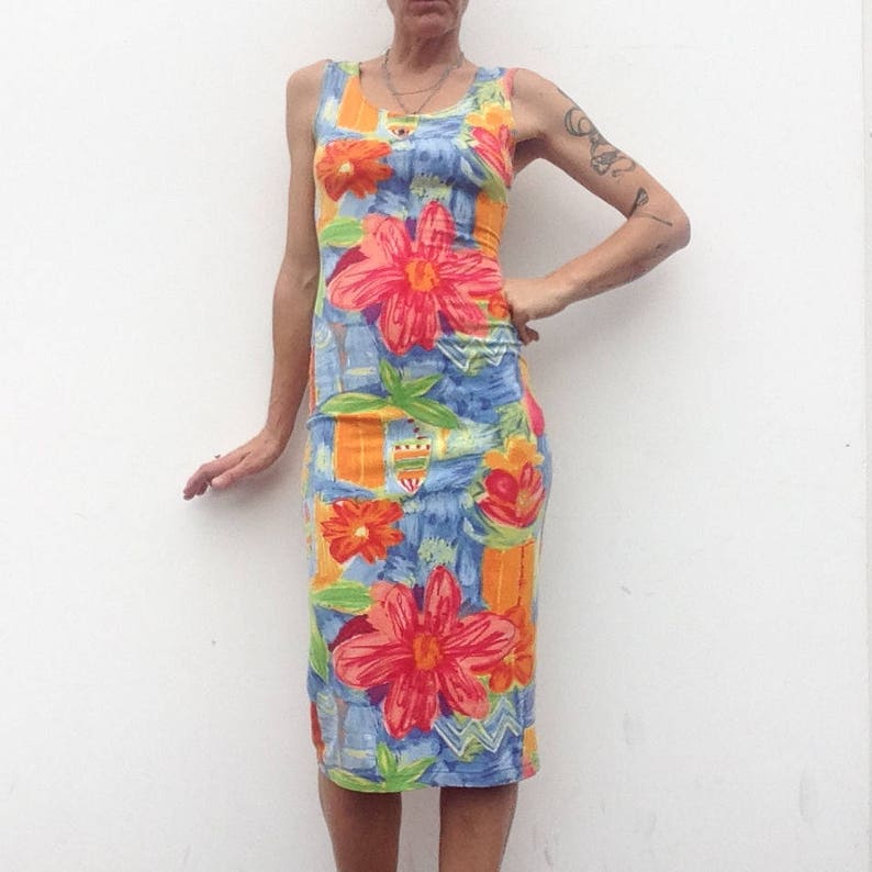 Kenzo Jungle Vintage Bodycon Dress 1980s Floral Pencil Dress Stretch Cotton Dress Multicolor Summer Dress Made in Italy Size S image 2