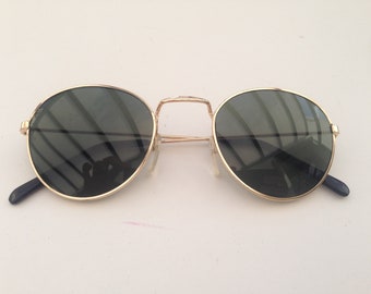Vintage 1980s Round Sunglasses Gold Metal Frame | Lightweight John Lennon Style Shades | Gray Lenses | Retro Eyewear | NOS | One Size