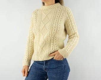 Vintage Aran Sweater 1980s | Irish Wool Cable Knit Jumper | Hand Knit Fisherman Beige | M