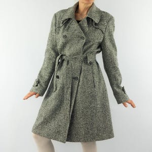 Manteau Laine Vintage 2000s | Trench Tweed Sel Poivre Ceinturé | Croisé | Pardessus Rétro | France | M/L