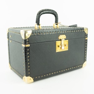 Pascal Morabito Vintage Vanity Case 1980s | Rigid Black Faux Leather Beauty Box | Brass Lock and Gold Hardware | Made in France