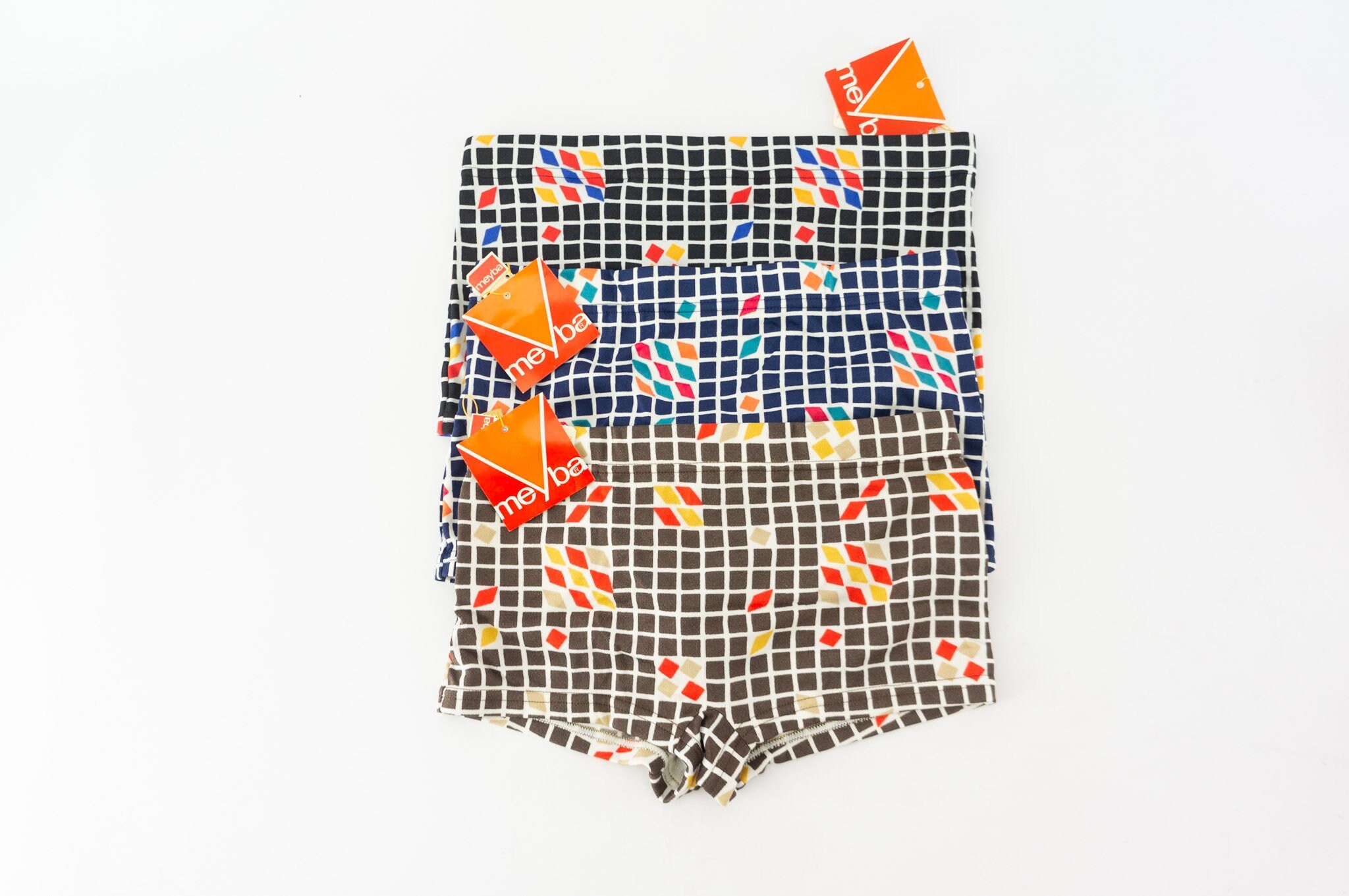 Meyba Vintage Swim Brief 1960s | High Waist Geometric Swimwear in Blue/Brown | Retro Mod Style | Made in Spain | NOS | Size M/L