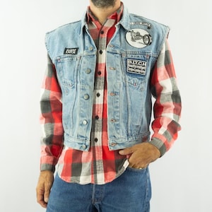 Vintage denim bikerväst | Lappad ärmlös jacka, Falcon Riders Custom | M/L
