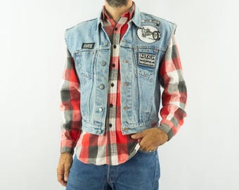 Chaleco de mezclilla vintage para motociclistas / Chaqueta sin mangas con parches, Falcon Riders Custom / M/L