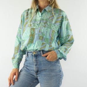 Vintage Silk Print Shirt 1990s | Green Oversized Blouse Abstract Pattern | Long Sleeves | Retro | M