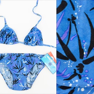 Marie Claire Vintage Bikini 1980s | Floral 2-Piece Swimsuit | Blue/Lilac/White/Black | NOS | Triangle Brief | Made in Spain | Size M
