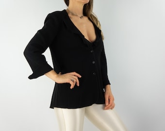 Armani Vintage Jacket 2000s | Black Blouse | Soft Wavy Lapels Fluid | Made in Italy | XL