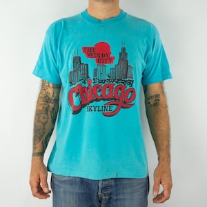 Vintage souvenir-T-shirt met schermsterren uit de jaren 80 | T-shirt Chicago VS | Turkoois zacht katoen, enkele steek | Verontruste afbeelding | Gemaakt in de VS