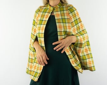 Vintage Plaid Wool Cape 1970s | Checkered A-Line Coat, Mod Twiggy Style | France | S