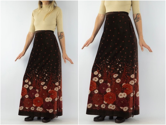 Vintage Maxi Skirt | 1970s | Velvet Skirt with Fl… - image 1
