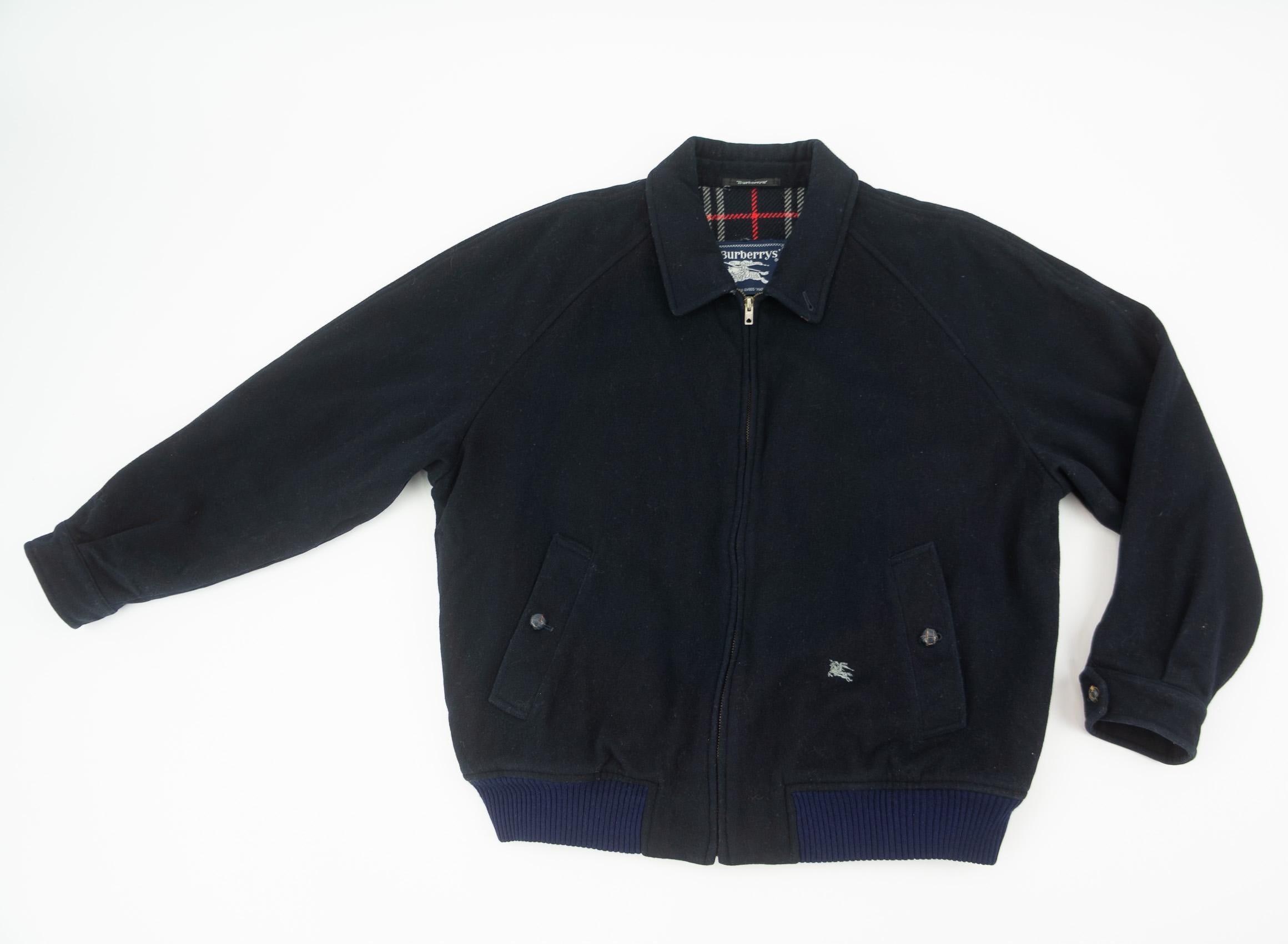 Vintage Burberrys Wool Jacket 1980s | Navy Blue Zip Bomber, Tartan