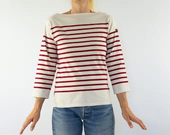 Vintage Saint James Breton Mariniere 1980s | White Red Striped Cotton Sailor Shirt | France | M