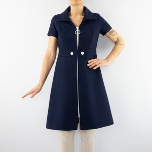 Vintage A-Line Dress 1960s | Blue White Mod Dress with Front Zipper | Retro Twiggy Style | Short Sleeves Mini Dress | Made in France | S