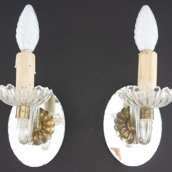 Lot de 2 Appliques Vintage | 1950s | Appliques Bougeoir | Art Deco | Appliques Murales | Verre/Miroir/Laiton | Style Murano | Made in France