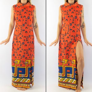 Vintage Maxi Dress 1970s | Orange Psychedelic Op Art Evening | Rolled Collar Sleeveless | Retro Graphic Long Dress | Bold Colors | Size M