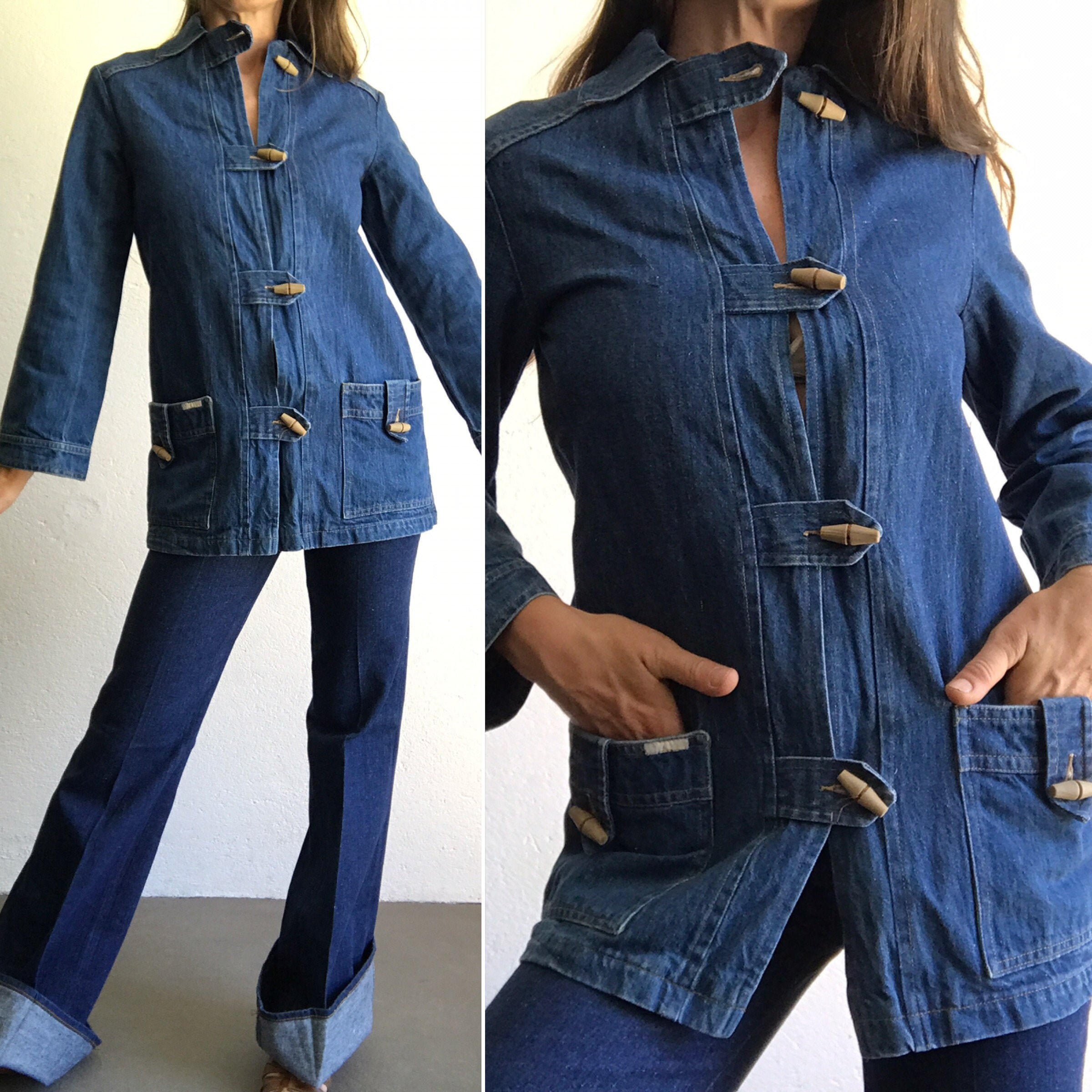 ジャケット・アウター gibous china stitch denim tops long Vintage Toggle Shirt | 1970s | Denim Jacket With Wood