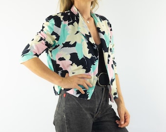Vintage Spencer Jacket 1980s | Floral Pastel Short Crossed Blazer | France | S