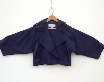 Claude Montana Vintage Summer Jacket 1980s | Short Wide Oversized Jacket | Cotton Navy Blue/Yellow | 3/4 Sleeves | Made in Italy | Size M