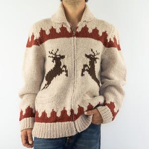 Vintage Deer Sweater 1960s | Brown Cream Wool Hand Knit | Cowichan Jacket | Canada