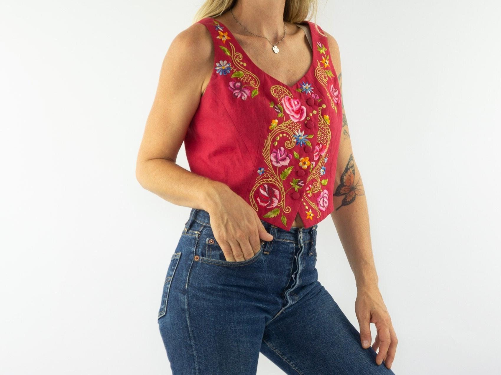 トップス 90s vintage archive KENZO linen vest Vintage Kenzo Linen Vest 1980s | Short Red Floral Embroidered