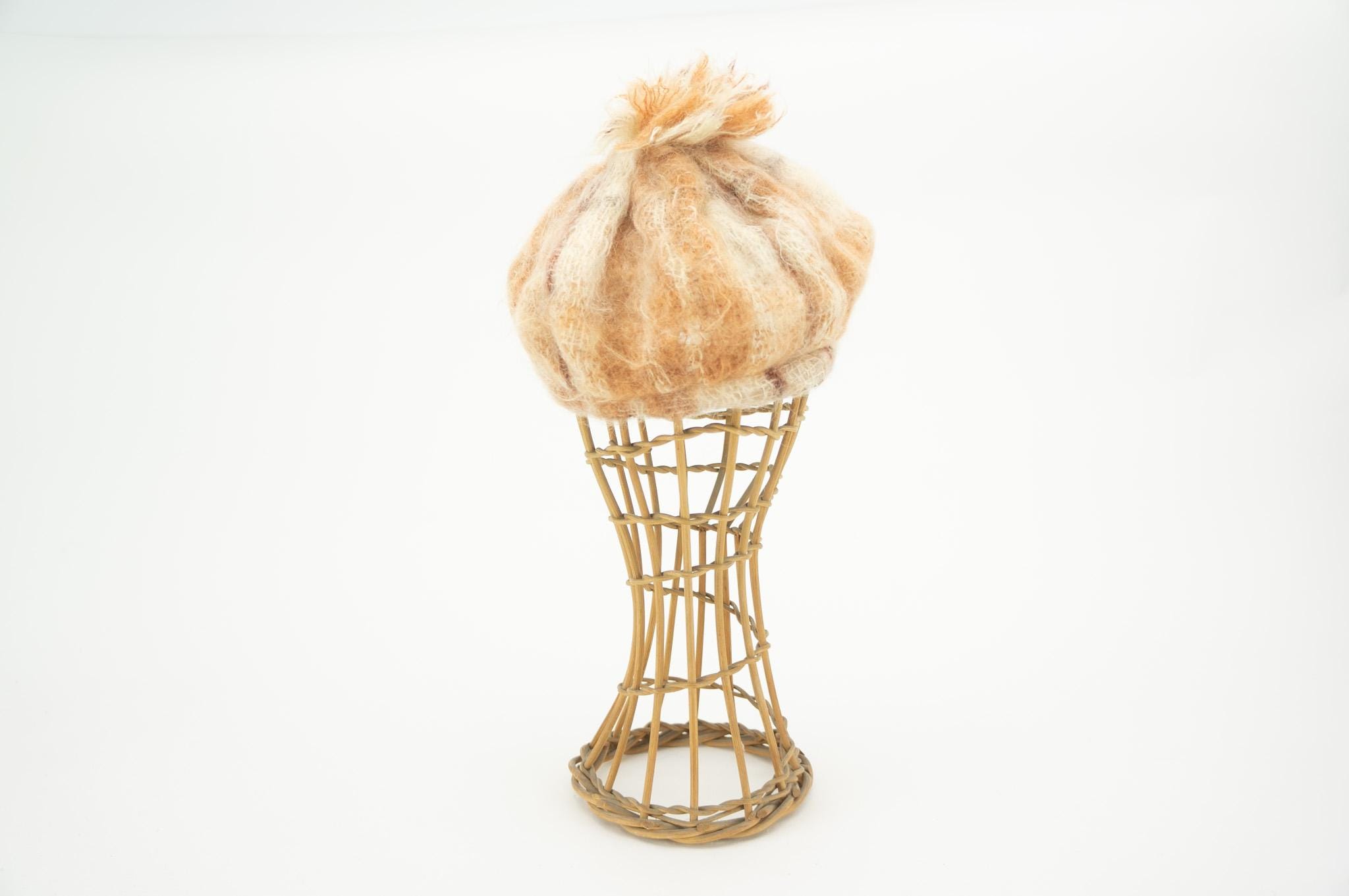 Vintage Beret 1980s | Beige Soft Longhair Angora Wool Pompom 