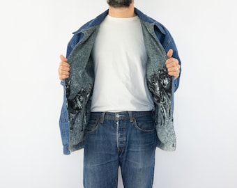 Vintage Reversible Denim Trucker Jacket | Wolves Printed Fleece | Oversized Dark Wash | XL