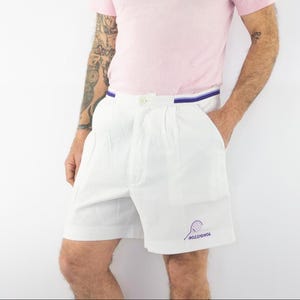 Rossignol Vintage Tennis Shorts 1980s | White Pleated Sport Shorts | Purple Logo Detail | Retro Unisex Activewear | Size L
