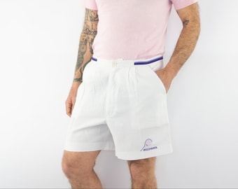 Rossignol Vintage Tennis Shorts 1980s | White Pleated Purple Logo | French Retro | L