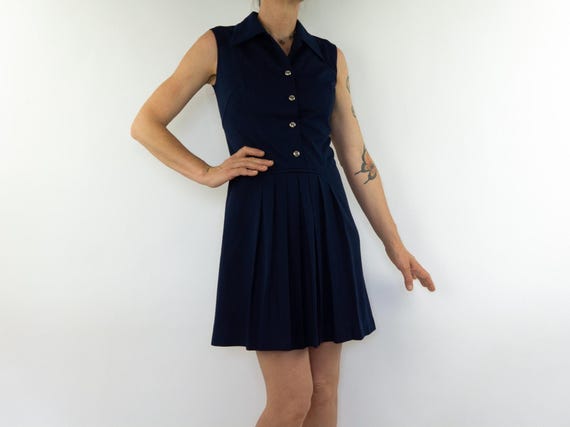 navy blue dress for baby girl Vintage Mini Dress 1960s | Pleated Navy Blue A-Line | Mod Retro | Made in France