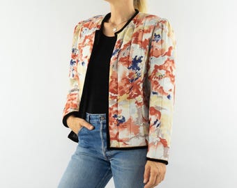 Vintage Floral Quilted Bolero Jacket 1980s | Padded Cropped Blazer | Made in France | M
